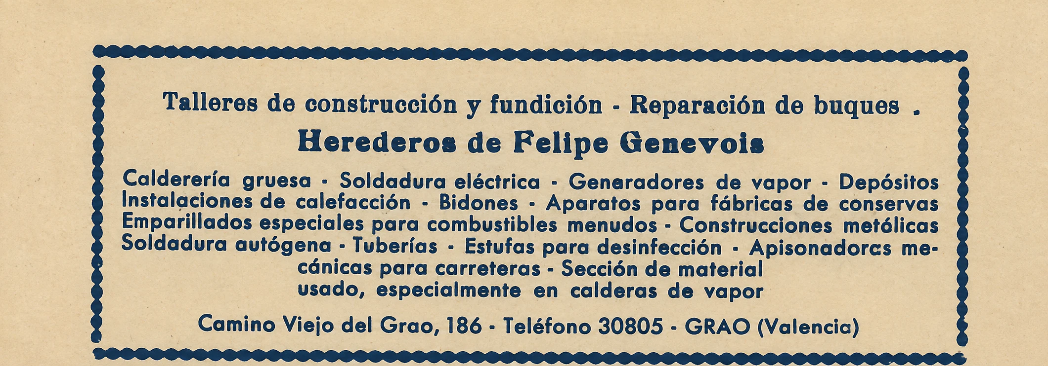 Anuncio histórico de los Herederos de Felipe Genevois sobre construcción, fundición y reparación de buques